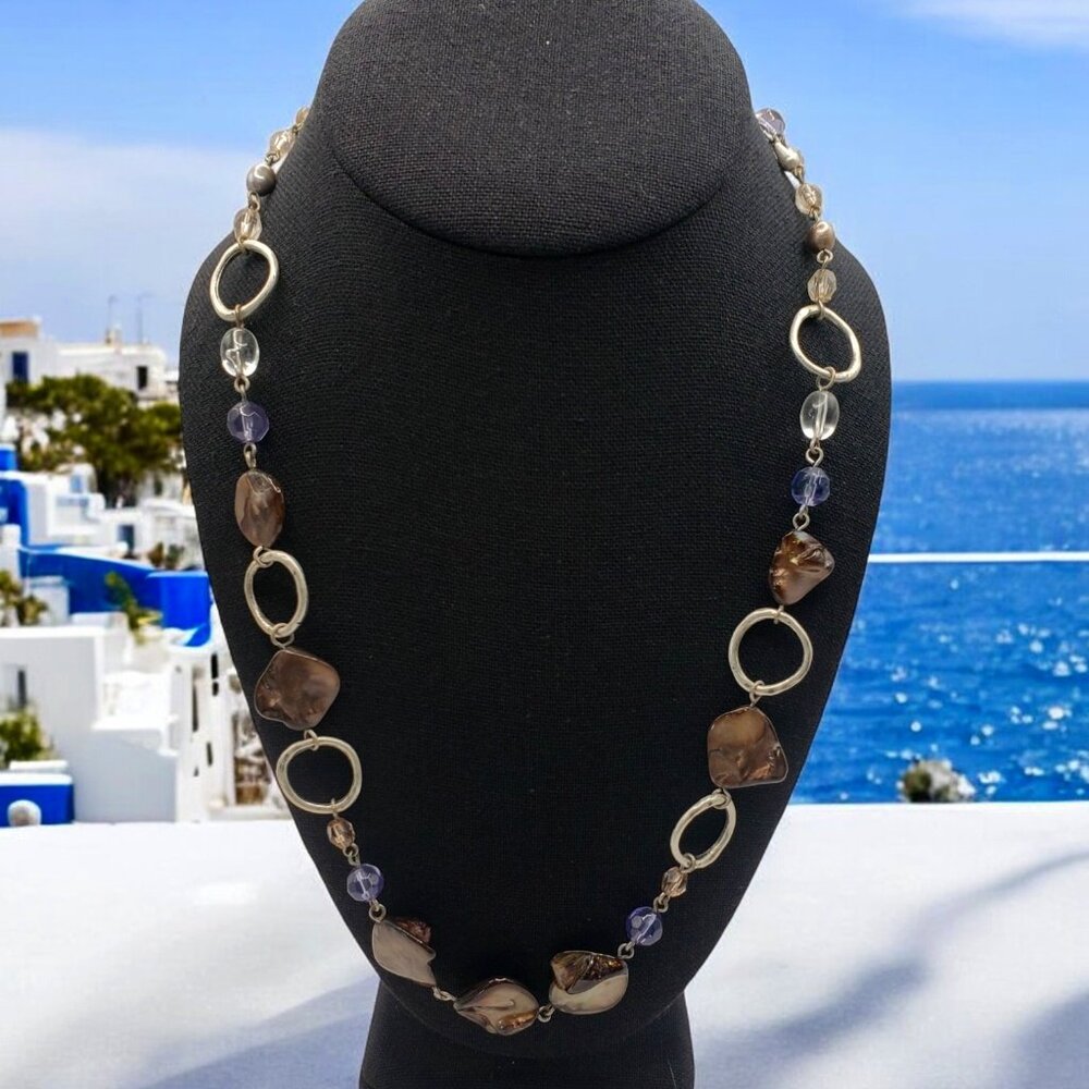 Vintage Lia Sophia Silver Tone, Colored Beads and Abalone Shell 20" Necklace